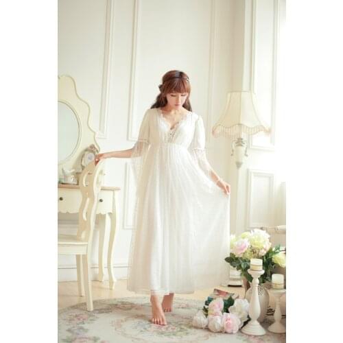 Free Shipping Lace Soft Gauze Women Long Nightgown Princess Pyjamas Beige Sleepwear roupas de dormir femininas