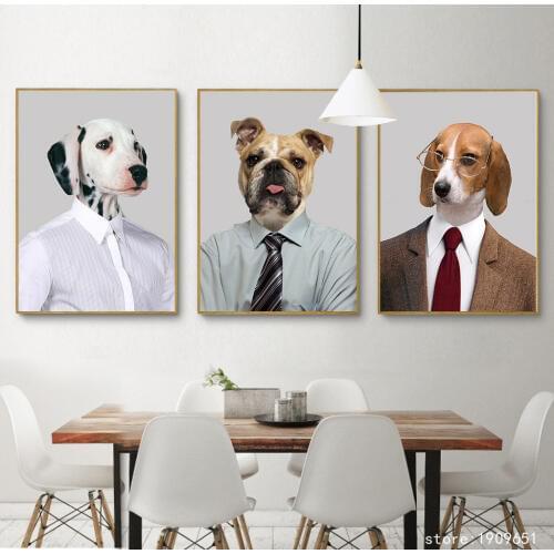 No frame cartoon animal Mr suit shirt dog canvas printings oil painting printed on cotton Kid room wall art decoration pictures