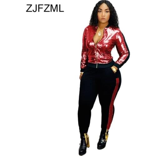 Glitter Sequin 2 Piece Set Tracksuit For Women Front Zipper Long Sleeve Coat And Bodycon Pant Sweatsuit Casual Plus Size Outfit