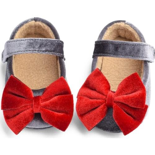 Toddler Baby Girls First Walkers Solid Color Cute Bowknot Velvet Princess Dress Shoes Soft Sole Non-Slip Infant Prewalkers