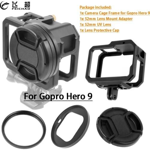 For Gopro 9 Metal Protective Frame Cage Rig for GoPro Hero 9 Black Action Camera Accessories w 52mm UV Lens Filter Mount Adapter