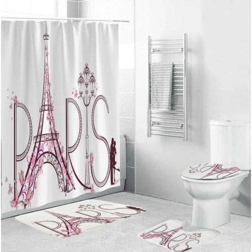 Eiffel Tower Bathroom Printed Letter Pattern Shower Curtain Pedestal Rug Lid Toilet Cover Mat Set Bathroom Curtains with Hooks