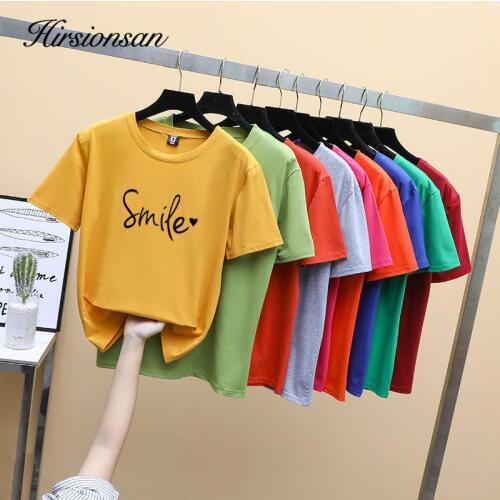 Hirsionsan Summer Basic Short-sleeve T Shirts Women Letter Print Casual 100% Cotton Oversized Loose Pullover Jumper New Clothes