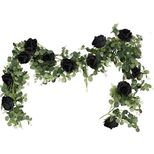 6.23 Feet Artificial Eucalyptus Garland with Black Roses Faux Greenery Eucalyptus Leaves Rose Vine for DIY Wreath Decor