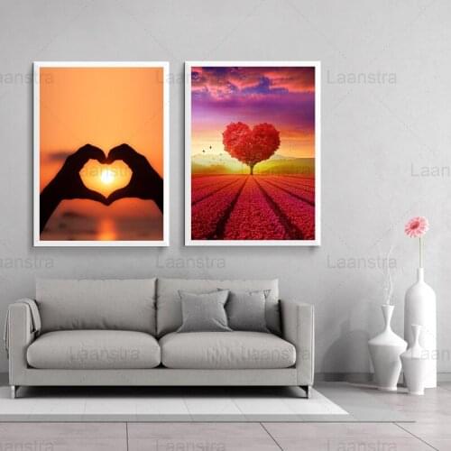 Art Poster and Print Love Heart Tree Sunset Scenery Wall Picture Canvas Painting Home Decoration for Living Room Bedside Mural