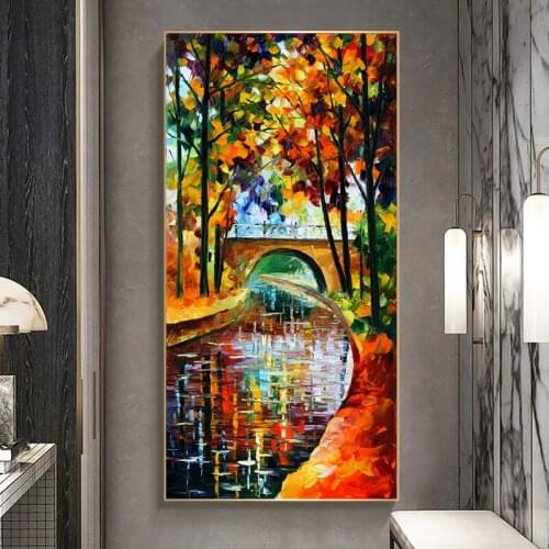 Canvas Painting Landscape Posters and Prints Colorful Oil Painting Fall Leaf River Wall Pictures for Living Room Decor Cuadros