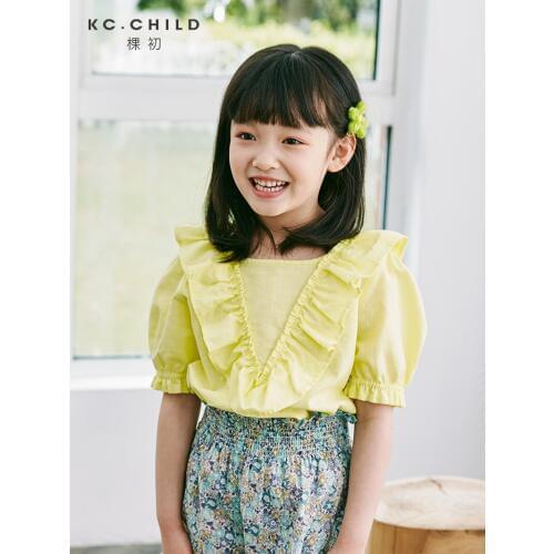 KC.Child 2020 Latest Girls Top V-neck Ruffled Short Sleeve Cotton Linen Fabric Vintage Style Age2-11Y