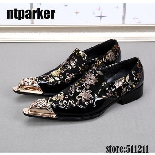 Batzuzhi-2018 Black color with Golden Flowers men leather shoes Banquet and Party men handmade Oxfords Plus size male dress Shoe