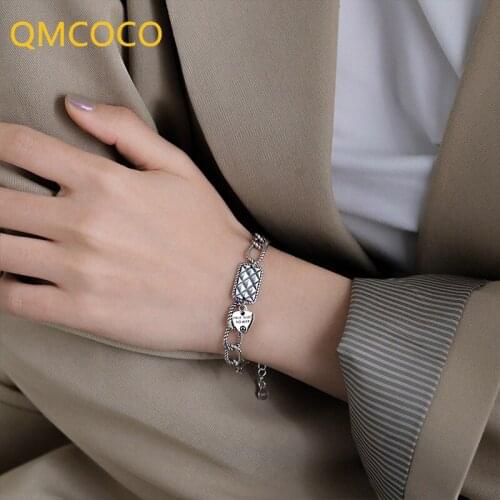 QMCOCO 925 Silver Chain Brcacelet For Woman New Fashion Vintage Punk English Letter Square Pendant Party Jewelry Gifts