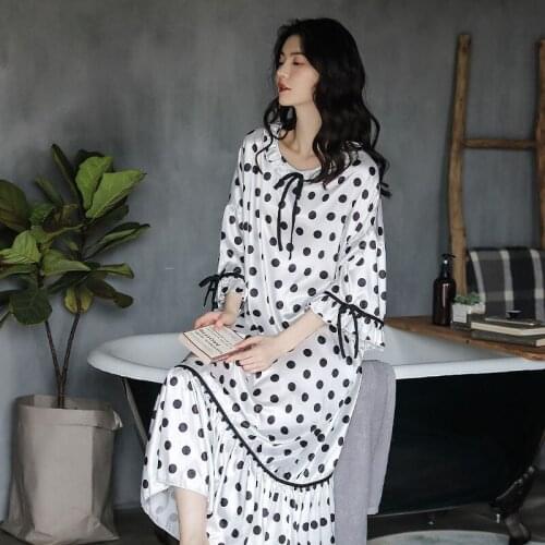 Sweet Silk Satin Nightgown Sleepwear Loose Casual Nightwear Loungewear Print Polka Dot Ruffle Nightdress Summer Long Home Dress