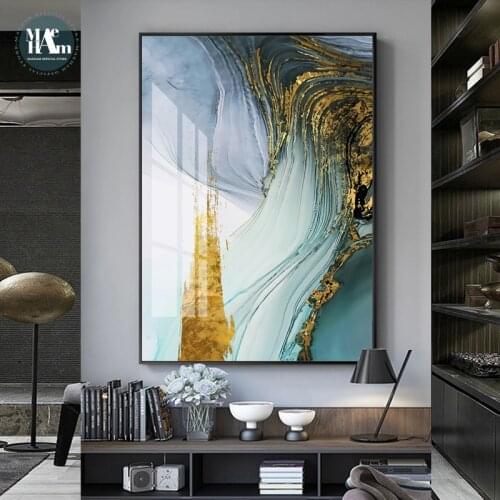 Modern Wall Art Canvas Painting Golden Foil Canvas Abstract Green Art Poster Print Wall Picture for Living Room Porch Decor