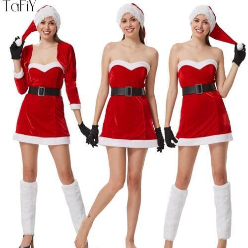 TaFiY Top Quality 5Pcs Women Christmas Costumes Sexy Red Christmas Dress Santa Claus Costumes for Adults Uniform One Size