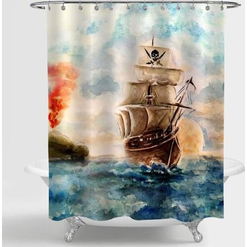 Sailboat Watercolor Caribbean Pirate Ship Cruises in Treasure Adventure Bathroom Décor
