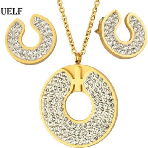UELF Romantic Stainless Steel Link Chain Crystal Cross Round Pendant Jewelry Set For Women Choker Wedding Jewelry Set