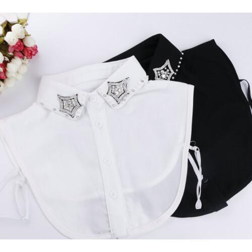 Women Crystal Neck Shirt Chiffon Fake Collar Ties Rhinestone Flower Lapel Hollow Lace Floral False Detachable Collar Blouse Top