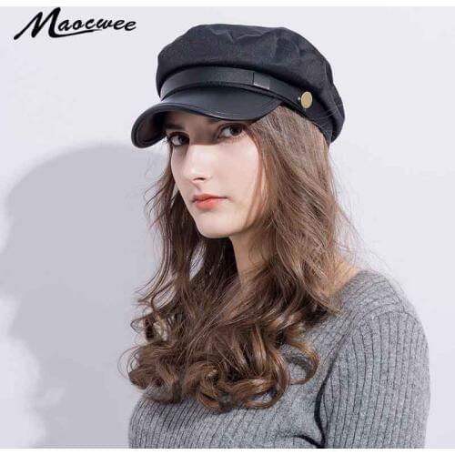Women PU Leather Army Military Hats Autumn Winter Vintage Black PU Leather Army Cap Female Newsboy Hat Casequette Bone Snapback