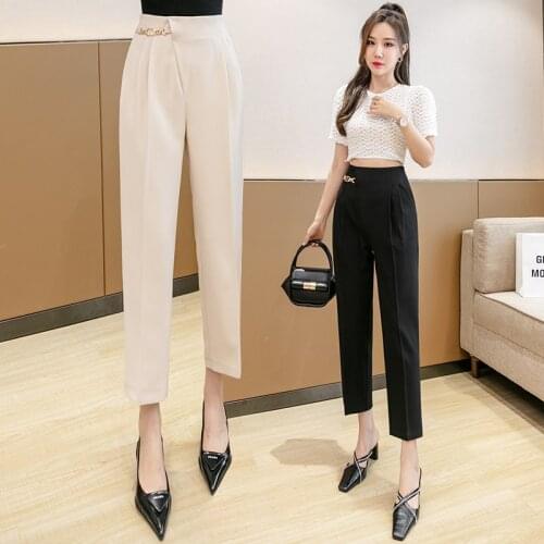New Fashion Ankle Length Suit Pants Women Chic Chains High Waist Drape Trousers Female Side Zipper Elegant Ladies Pants for Work