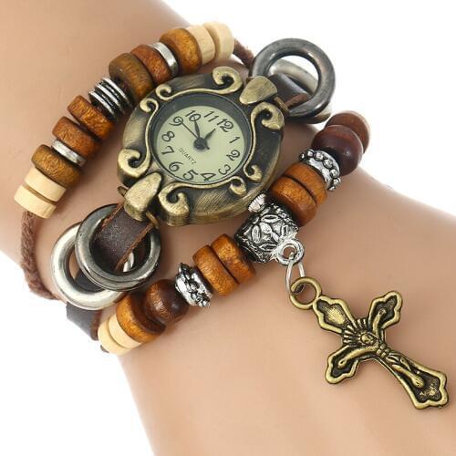 Gnova Platinum Genuine Leather Bracelet Women Watch Rosary Cross Charm Jesus Christian Fashion Quartz Wristwatch A872