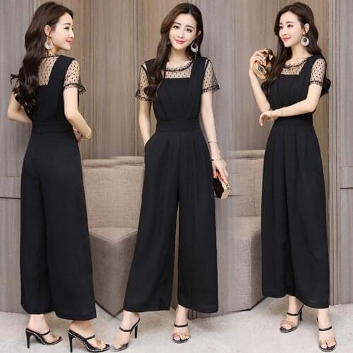 2019 summer new fashion ladies Korean version of loose wide leg jumpsuit mesh yarn waist slimming temperament