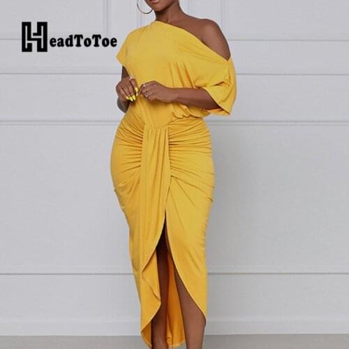 Plain Sexy Skew Neck Sheath Draped Maxi Dress Women Short Sleeve Summer Dress