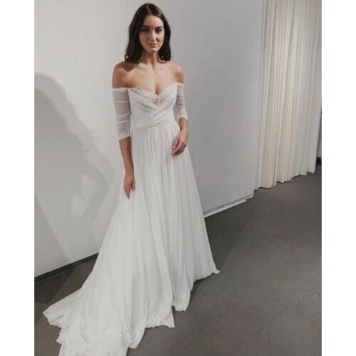 2021 Off Shoulder Wedding Dress Half Sleeve Chiffon Simple Beach Bridal Gowns Pleat vestidos de novia robe de soirée de mariage