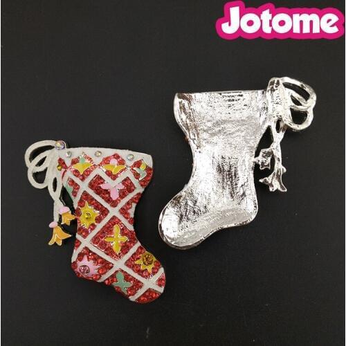 100pcs/lot Wholesale Christmas Xmas Holiday Socks Enamel Red Rhinestone Flash Sparkling Flat Back Brooches For Women Pin Brooch