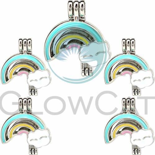 5pcs Enamel Rainbow Oyster Pearl Cage Lockets Charms Perfume Essential Oil Diffuser Cage Pendant Jewelry