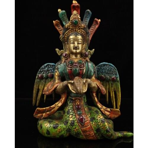 10" Nepal Temple Collection bronze Gilt gold 5-Heads Snake Naga Kanya Statue Nāgārjuna bodhisattva Dragon Tree Bodhisattva