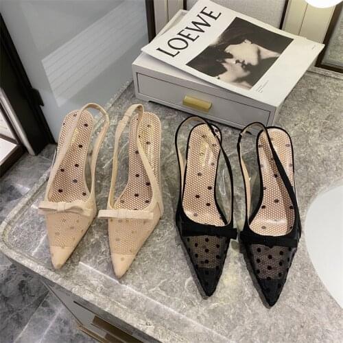 Bailamos Women Hight Heel Sandals Korean Style New Polka Dot Mesh Pointed Heel Shoes Party Sandals