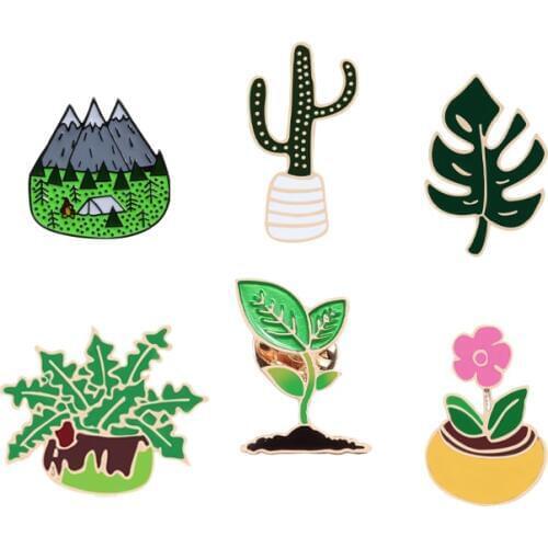 Mountain Cactus Leaf Brooch Potted flowers Green Nature Plants Enamel Pin Badge Fashion Clothes Lapel Jewelry For Women Men