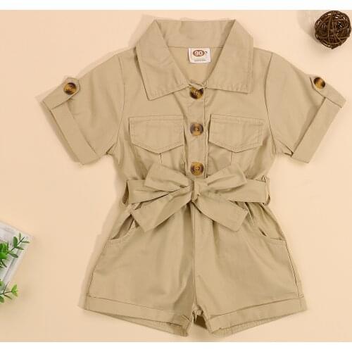 Toddler Baby Girl Fashion Summer Lapel Jumpsuit Children Kids Short Sleeve Solid Belted Romper Cotton Infant Outwear Clothings
