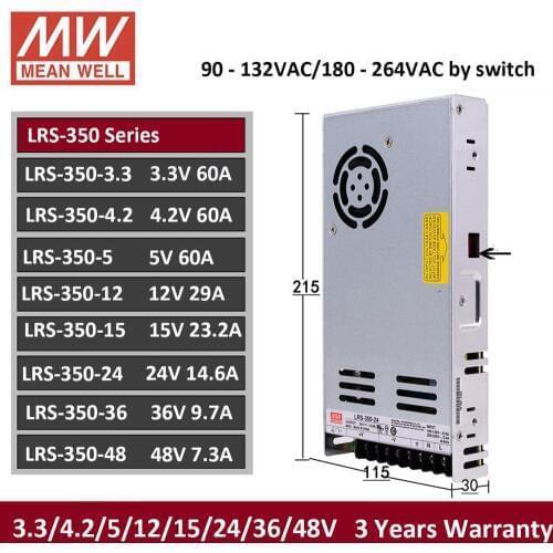 Meanwell LRS-350 ac-dc 24v 350W 3.3V 4.2V 5V 12V 36V 48V Single Output Switching power supply smps For CNC Machine