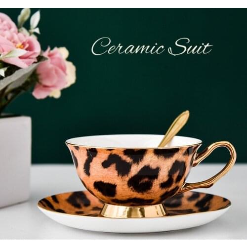 Coffeeware Leopard Print Coffee Cup and Saucer Spoon Set Bone China English Afternoon Tea Cup Mugs Black Tea Set Home Party