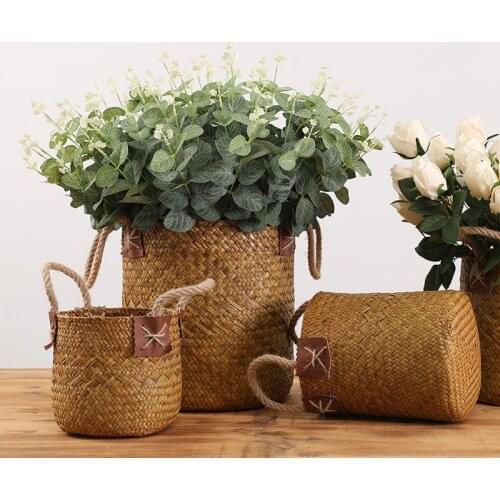 Handmade Rattan Basket with Rope Round Seaweed Basket Home Interior Desktop Decoration Flower Arrangement Basket Decoration