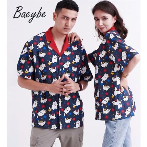 Summer Blue Cute Cat couples matching clothing Camisa Masculina Casual Hawaiian Anime Cartoon Mens Shirt Dropshipping Wholesale