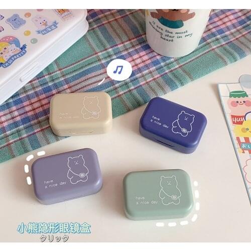 Cute Simple Bear Cosmetic Contact Lenses Box INS Cartoon Contact Lens Companion Box Portable Mirror Container Travel Kit