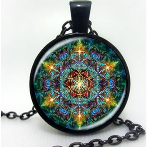 Multicolor Flower of life pendant necklace silver color chain necklace glass dome om mandala yoga jewlery buddhist gift