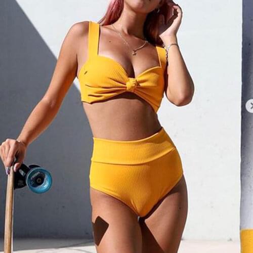 Solid Bikini Bow Swimsuit Push Up Swimwear Women High Waist Biquini Feminino 2021 Bathing Suit Monokini Ribbed Bikini Set G98