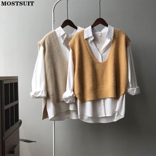 Autumn V-neck Knitted Sweater Vest Women Sleeveless Solid Loose Vintage Tops Pullover Casual Fashion Female Vest Knitwear 2021