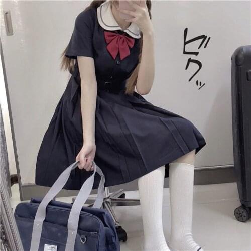 Kawaii Preppy Style Short Sleeve Dress Women Navy Dress Japanese Lolita Sweet Bow-knot Girl Retro Harajuku Sailor Collar Sashe