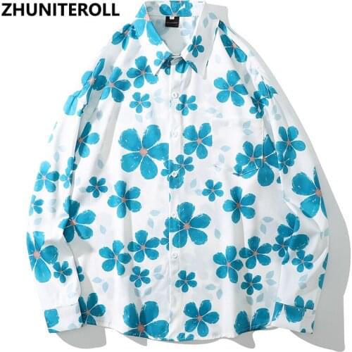 Harajuku Fashion Men Hawaiian Shirt Hip Hop Flower Print Button 2021 Beach Shirt Summer Long Sleeve Aloha Shirt Streetwear Tops