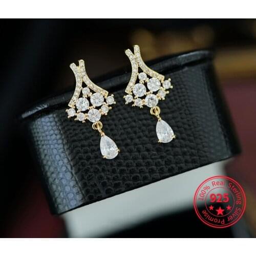 925 Sterling Silver Gold Zircon Crystal 14k Gold Earrings Simple Small Fresh Flower Earrings Exquisite Fashion Wedding Jewelry
