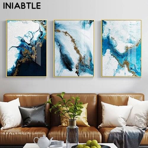 Nordic Color Spalsh Blue Golden Poster And Print Abstract Canvas Painting Modern Decor Wall Art Pictures For Living Room Bedroom