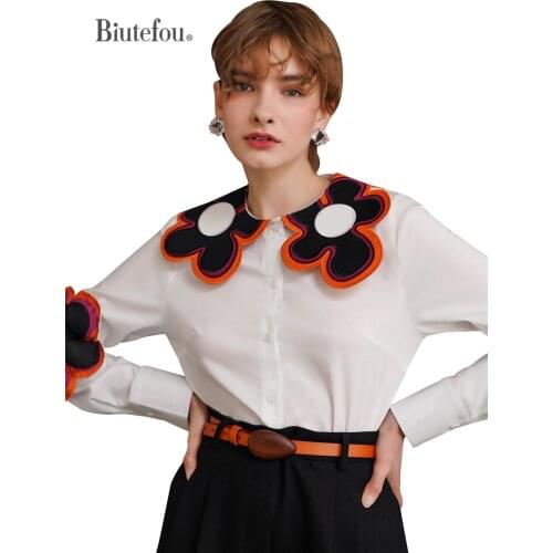 2021 Autumn Original Design Women Embroidery Big Flowers Collar Thin Cotton Shirt