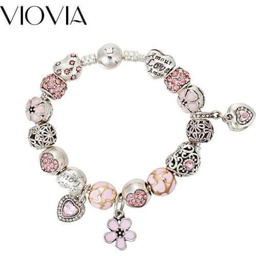 VIOVIA New Antique Charm Bracelets Fit Pan Original Heart And Flower Crystal Beads Women Wedding Valentines Day Gifts B17036