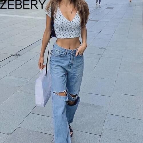ZEBERY Fashion Street Casual Jeans Women Vintage Distressed Bleach Wash Hole High Wasit Lady Loose Straight Jeans 2020 New