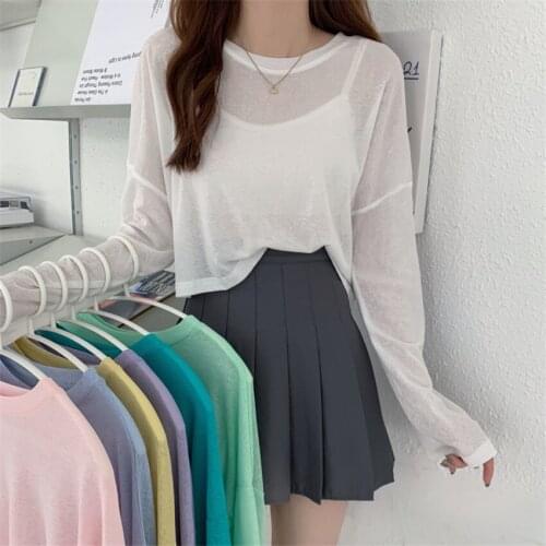 Korean Chic Thin Knitted T Shirt Crop Top Women Long Sleeve Casual Loose Sunscreen Shirt Candy Color Knitwear Tee Shirt Femme