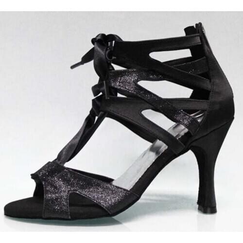 Evkoodance Practice Women Dance Party Shoes Giltter Satin Latin Shoes Black Latin Salsa Dance Boot Shoes for Dancing Party