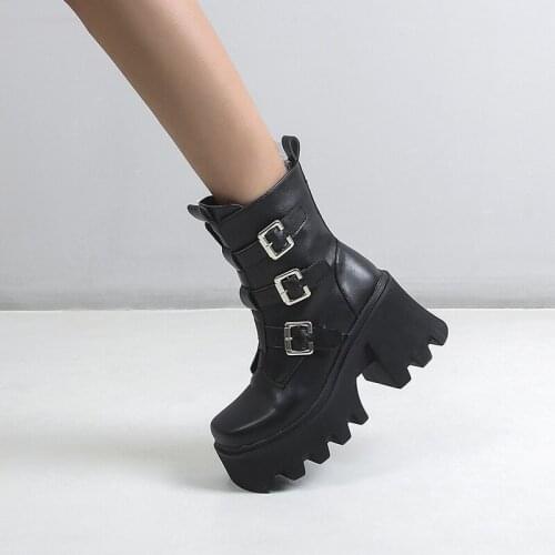 YMECHIC 2021 Autumn Winter Black Platform Combat Ankle Boots for Women Zip Buckle Woman Shoes Winter Punk Boots Big Size34- 43