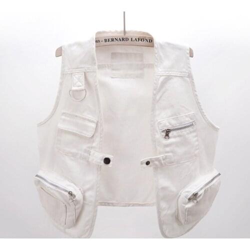 Summer Korean White Denim Vest Women Cardigan Waistcoat Loose Short Big Pocket Sleeveless Jacket Jeans Vests Female Streetwear